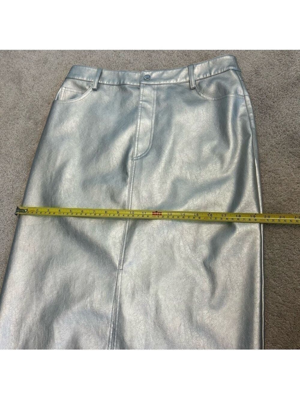 WAYF metallic silver faux leather high waisted midi pencil skirt front slit M - Picture 13 of 14